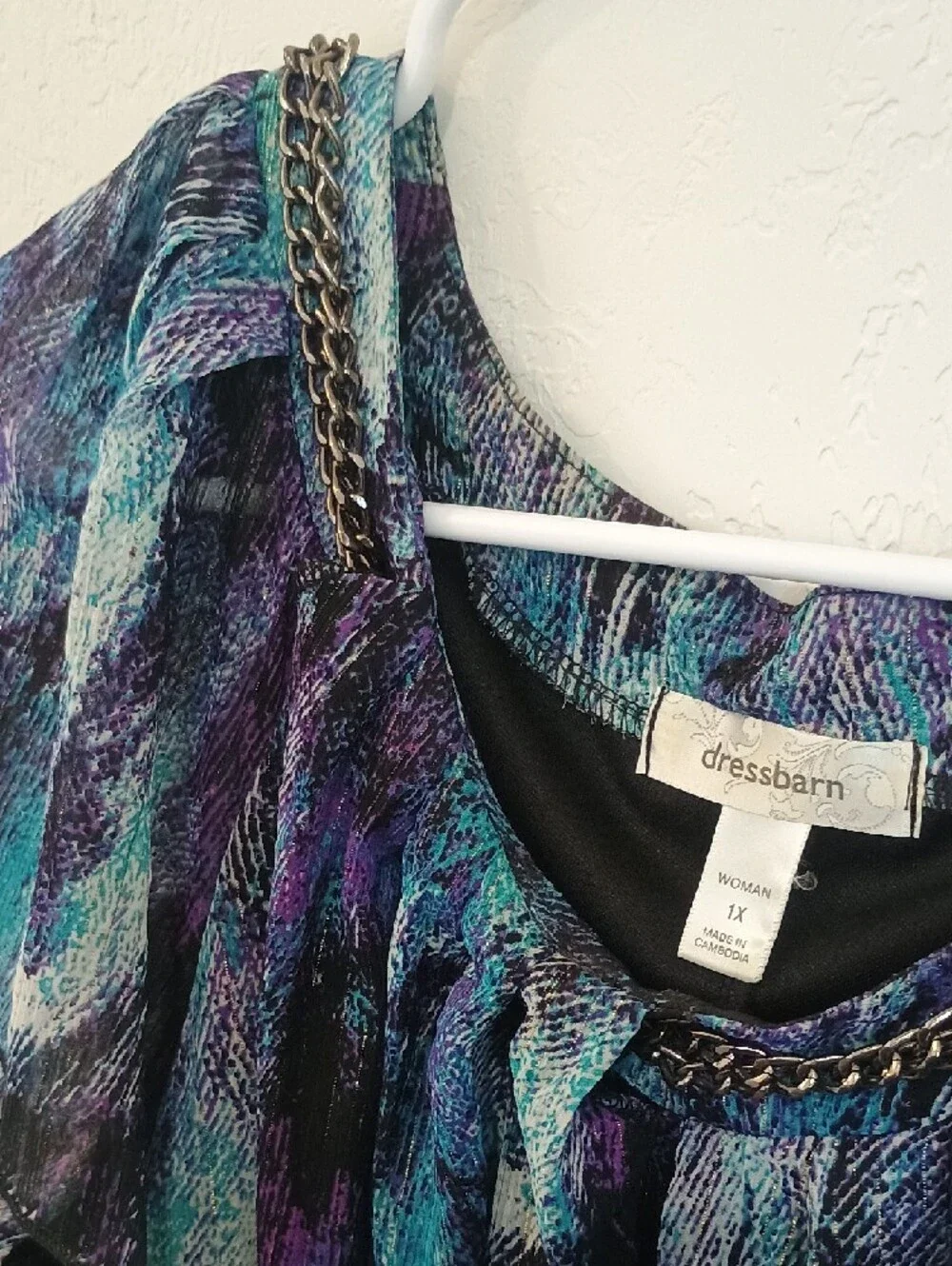 dressbarn Teal & Purple Chain-Trim Flutter Sleeve Blouse - Picture 4 of 9